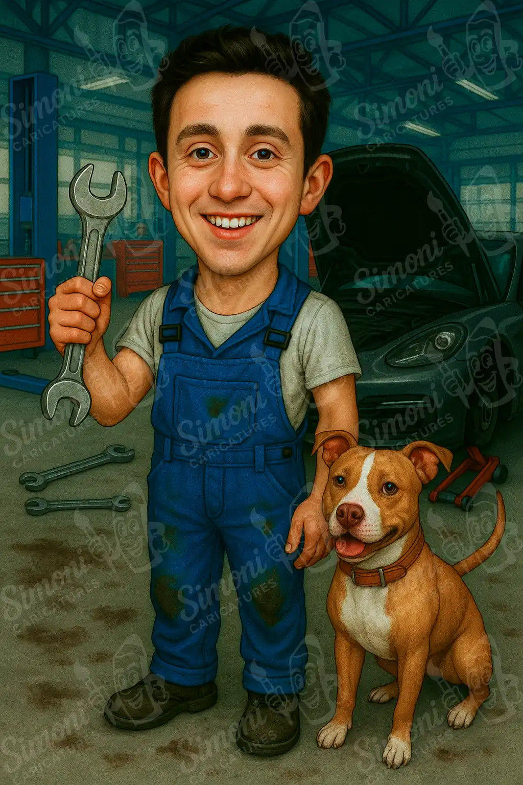 Карикатура на автотехник с куче в сервиз – Simoni Caricatures, персонализиран подарък за автомонтьор или сервизен специалист